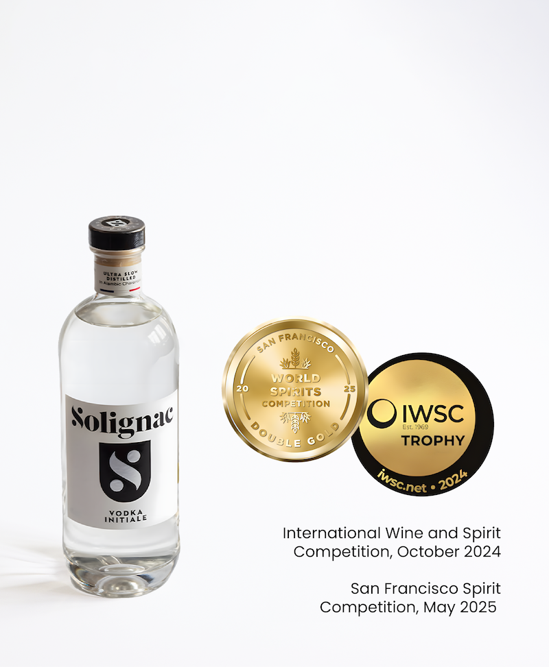 Solignac vodka bottle with IWSC and San Francisco Spirit Competition awards on a white background